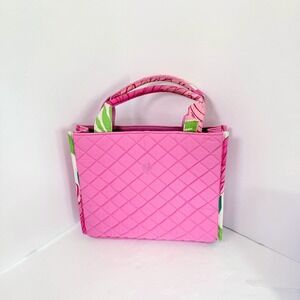 Lilly Pulitzer Pink Quilted Cotton Tote Bag Tropical Floral Lining Palm Tree